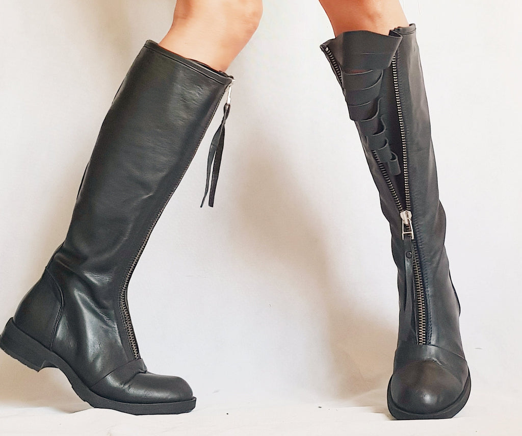 Leather Steampunk Platform Boots, Zipper Grunge Knee Winter Booties