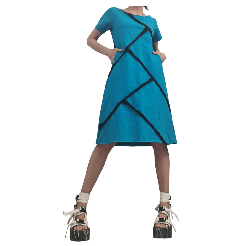 Blue Cotton Tunic Dress, Plus Size Asymmetric Outfit, Short Sleeve Fashion for Women