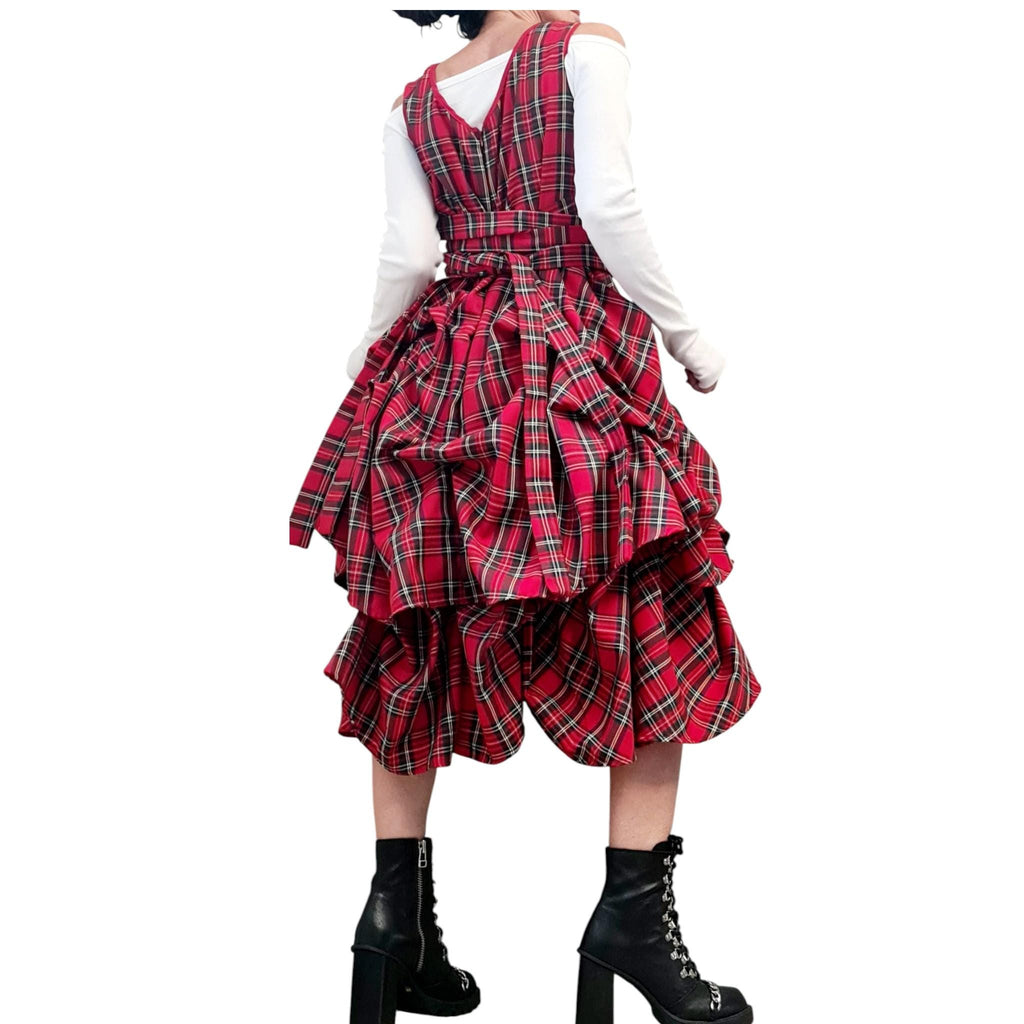 Dark Green Tartan Asymmetric Gown | Sleeveless Knee-Length Dress with Adjustable Skirt