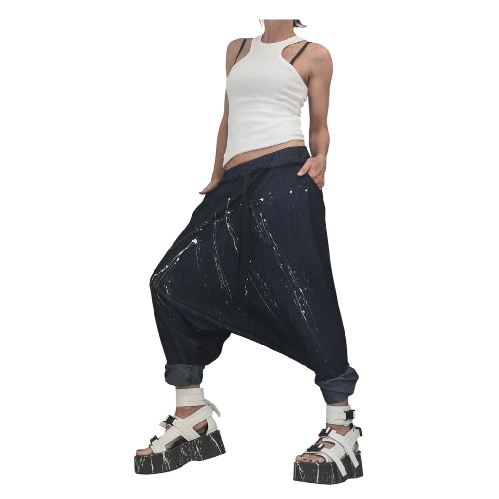 Extravagant Denim Harem Trousers, Avant Garde Deep Drop Crotch Pants for Women