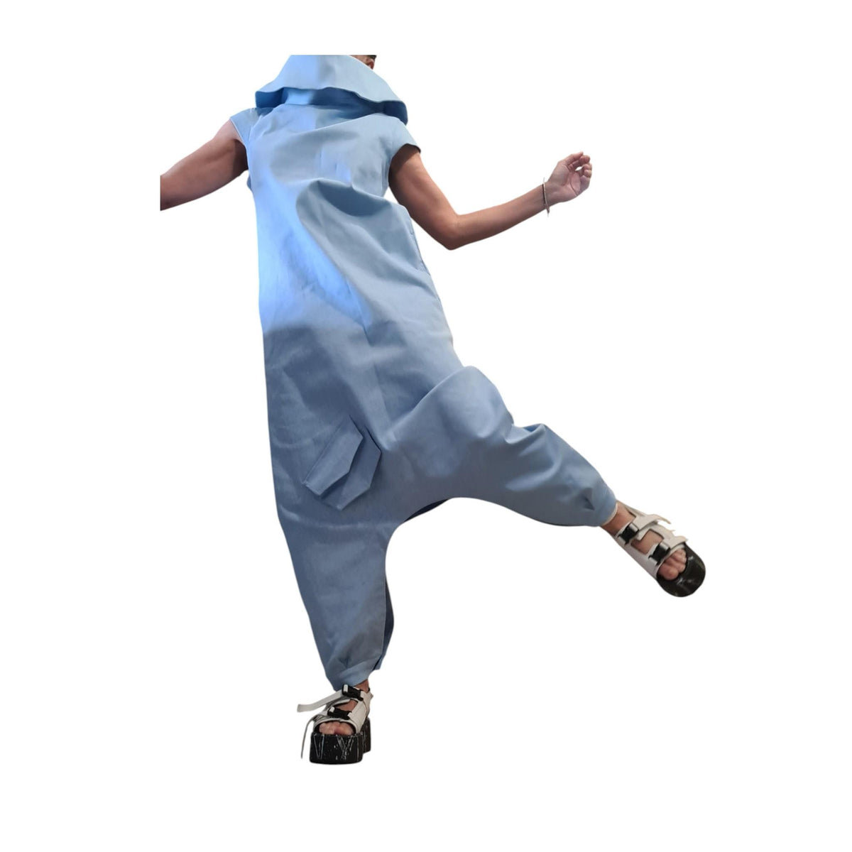 Light Blue Denim Jumpsuit Dress for Women, Asymmetric Harem Overall, Wide Leg Outfit