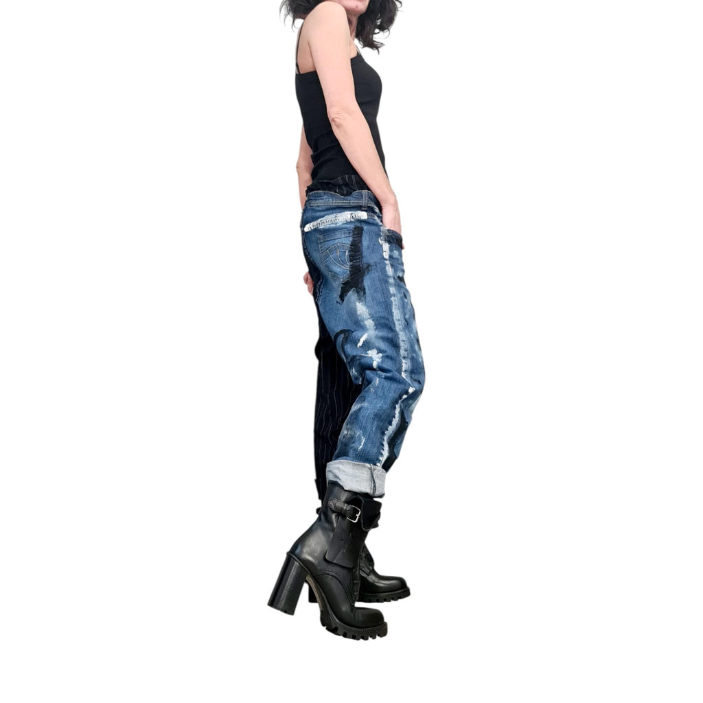 Asymmetric Patchwork Denim Pants, Mixed Fabric Trousers, Paint Splatter