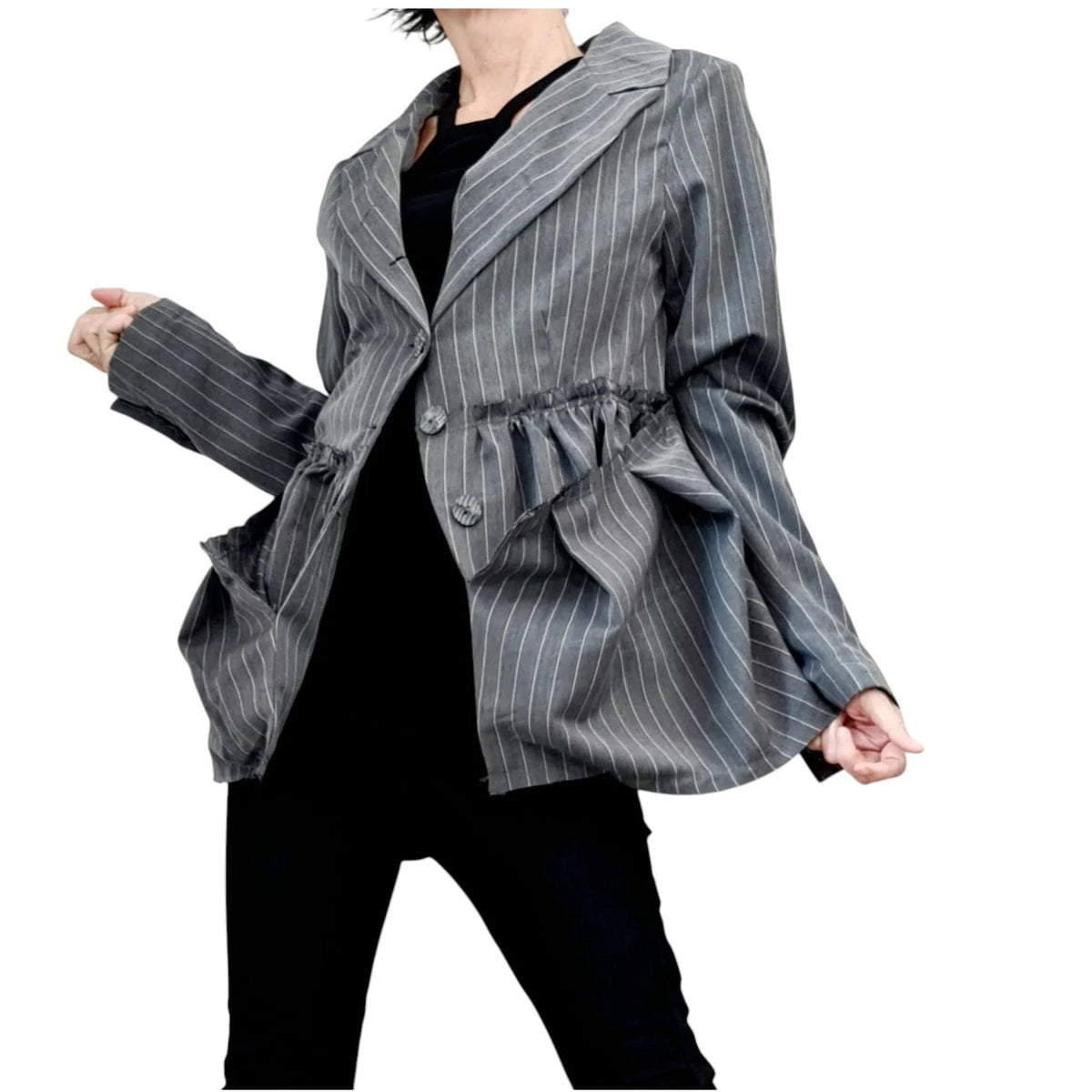 Gray Pinstripe Blazer, Oversized Asymmetric Cut Jacket, Plus Size with Large Gathered Pockets
