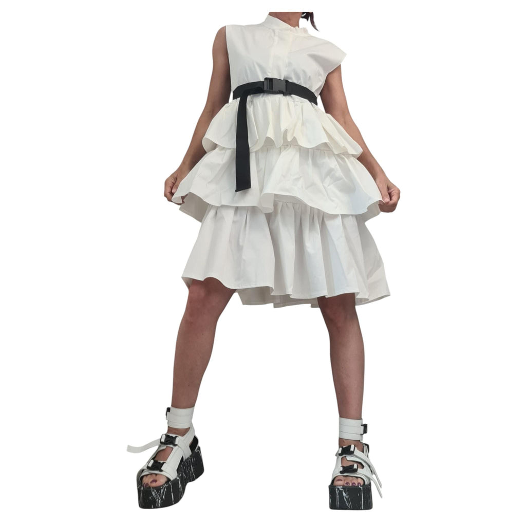 White Cotton Dress, Sleeveless, Layered Ruffle Midi, Boho Bridal Party Tunic