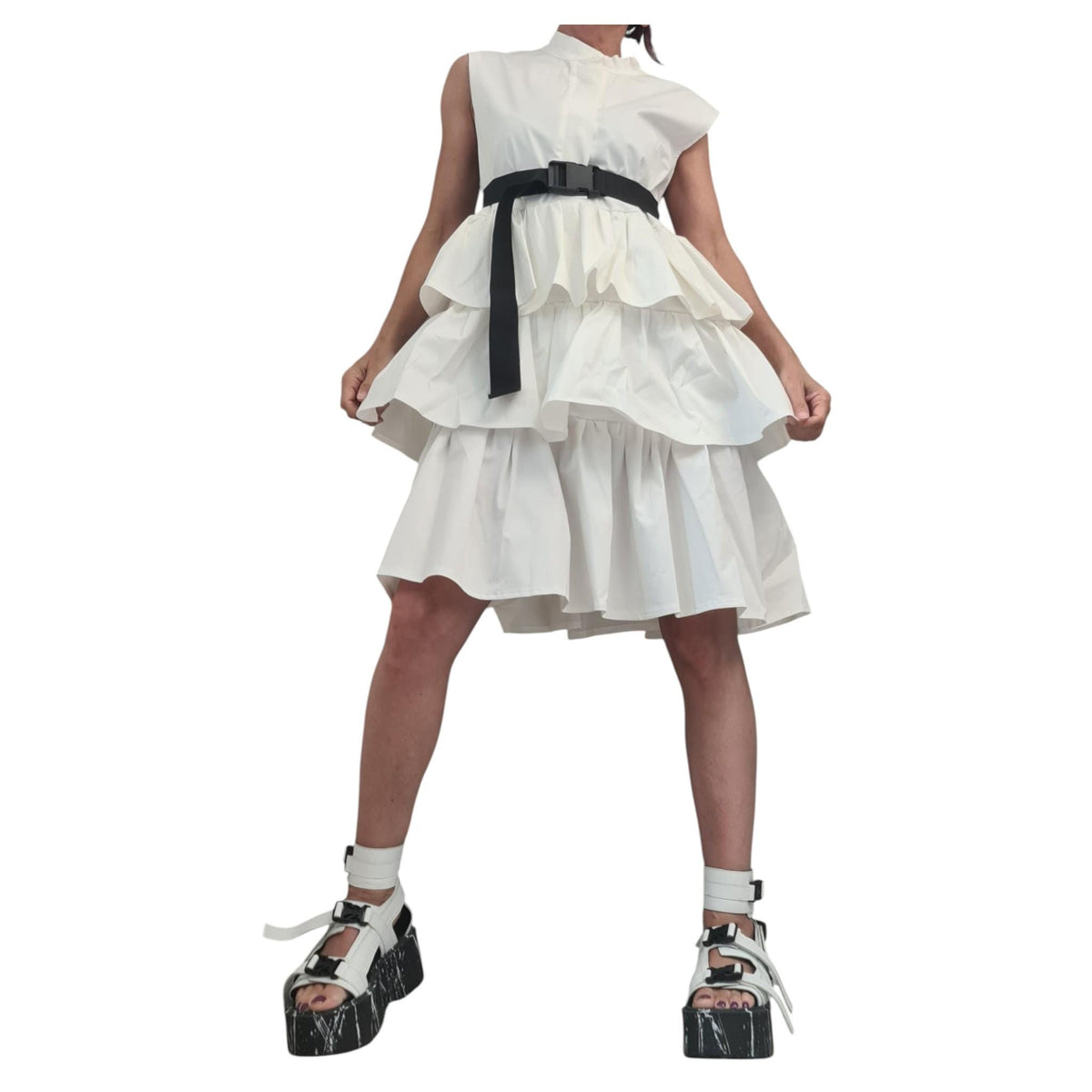 White Cotton Dress, Sleeveless, Layered Ruffle Midi, Boho Bridal Party Tunic
