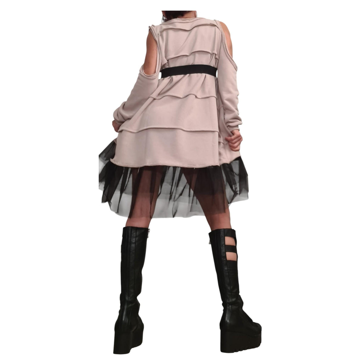 Beige Off Shoulder Dress: Asymmetrical Tulle Hem, Removable Sleeves