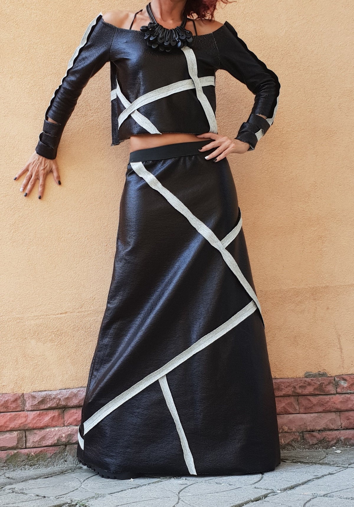 Black Eco-Leather Maxi Skirt, Cropped Long Sleeve Blouse, Contrast Trim Two Piece Co-Ord Set