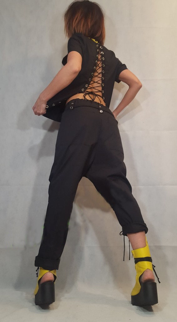 Black Drop Crotch Pants, Knee Cut Out Trousers, Lace Up Detail