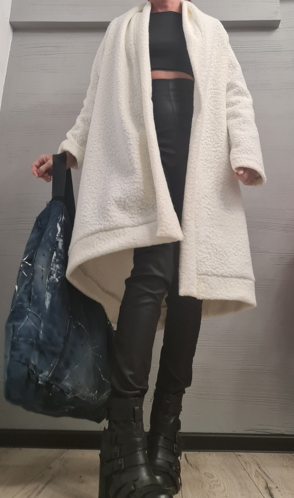 White Bouclé Wool Coat, Long Asymmetric Oversized Jacket, Plus Size Cocoon Cardigan