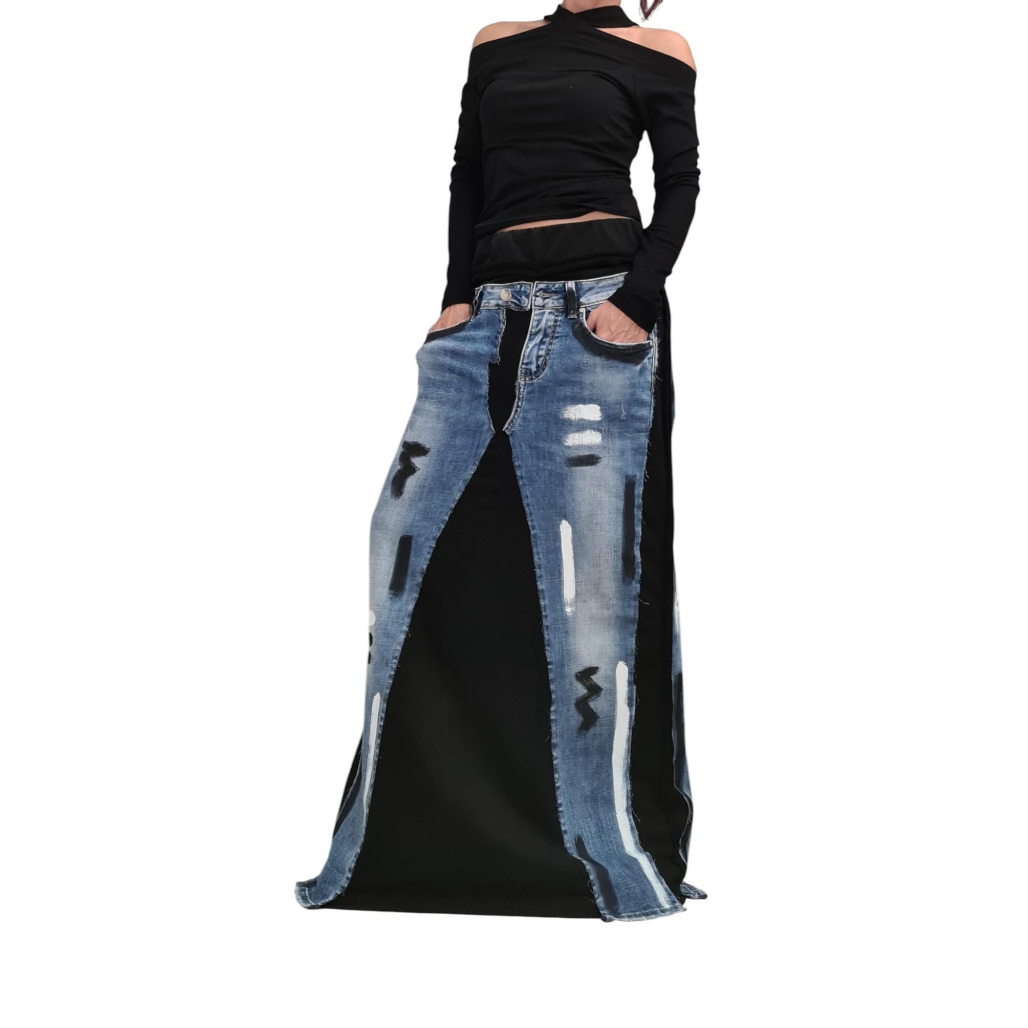 Avant Garde Denim Maxi Skirt | Deconstructed A-Line Design