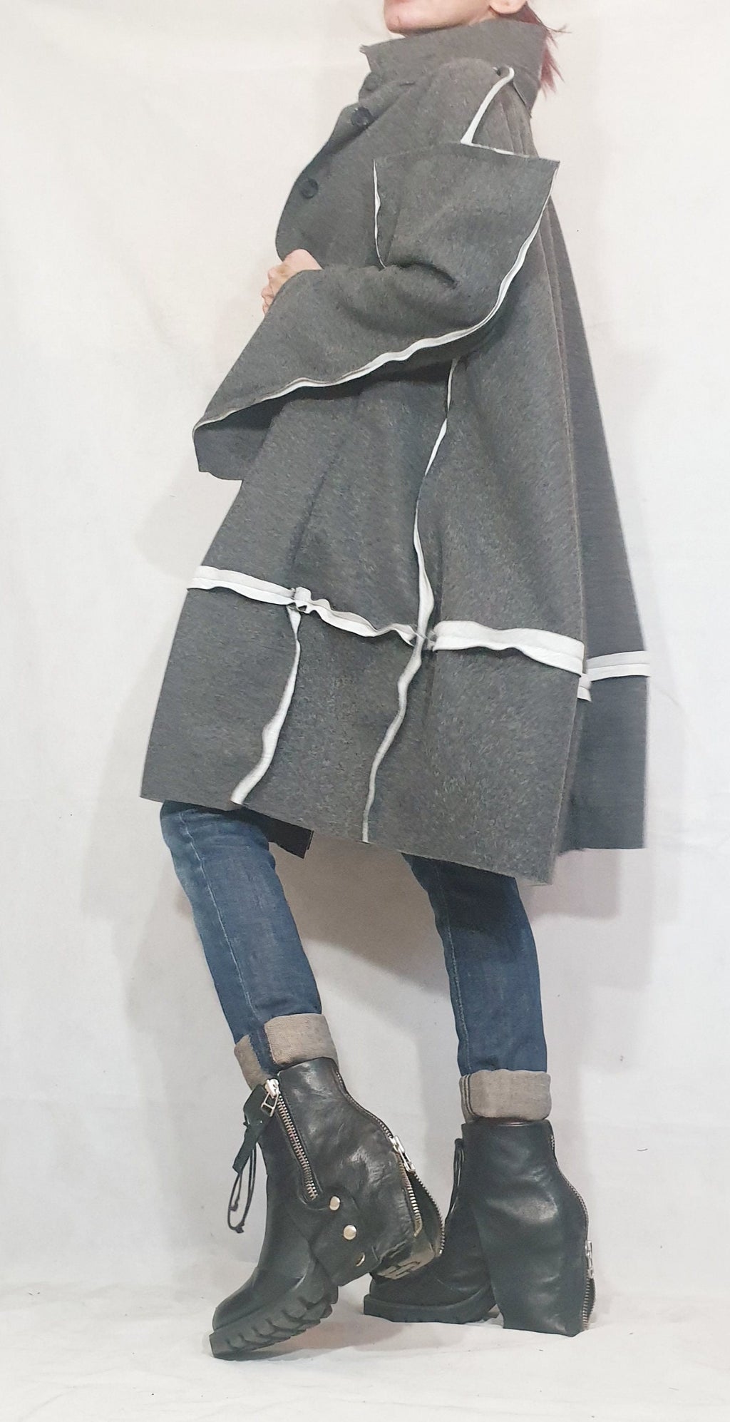 Grey Oversized Cape Coat, Asymmetric Hem, Wide Sleeves, Button Front, Contrast Trim, Plus Size