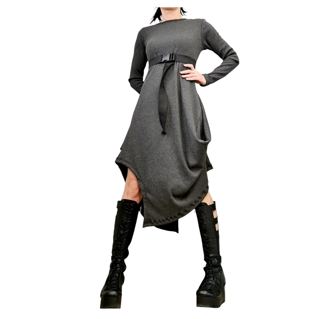 Grey Cotton Rib Dress, Long Sleeve Midi Dress, Avant Garde Loose Fit Kaftan