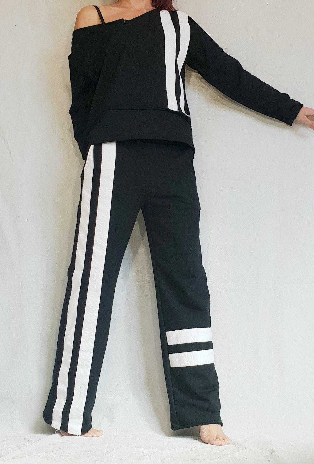 Black Cotton Blouse, White Side Stripe Pants, Casual Sportswear Co-Ord Set