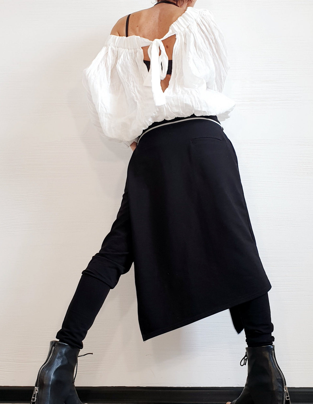 Black Asymmetric Cotton Pants, Skirt Overlay, Slim Leg