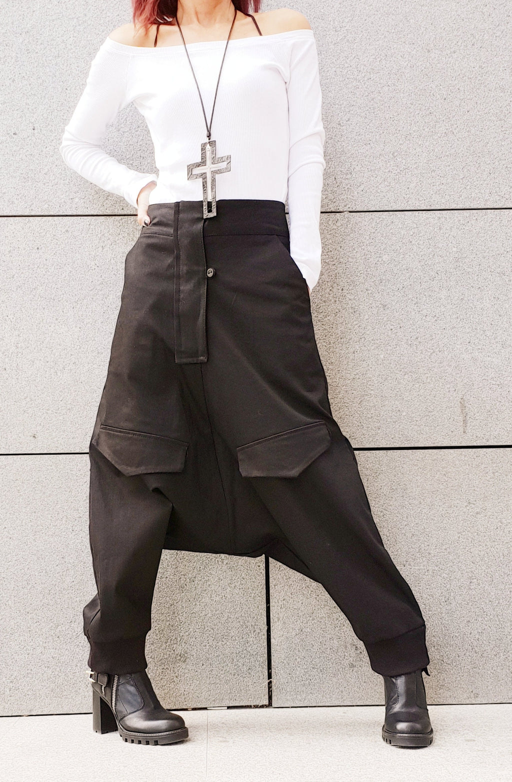 Black Cargo Harem Pants, Drop Crotch Trousers