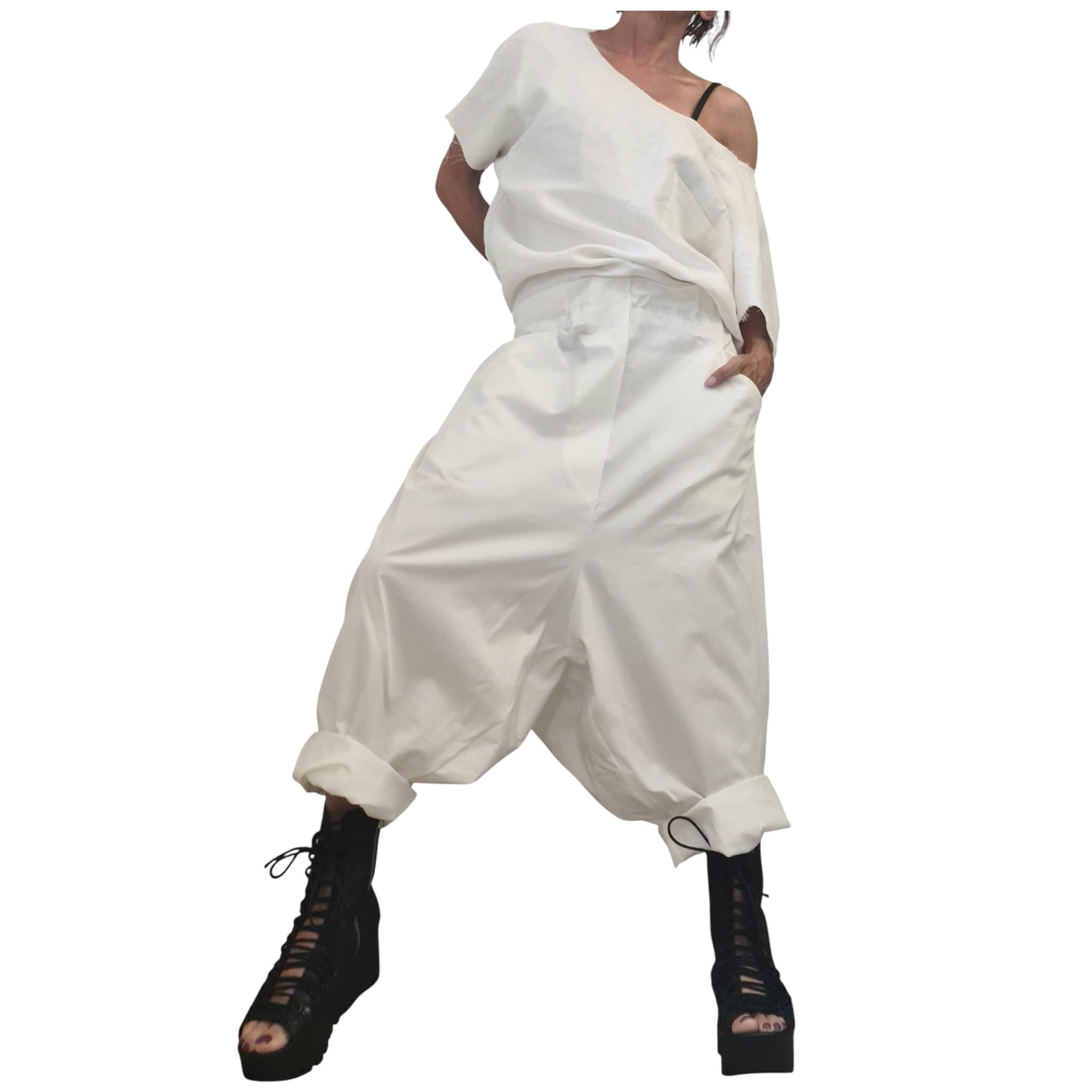 White Linen Harem Jumpsuit, Open Back Drop Crotch Overall, Sleeveless Loose Summer Romper