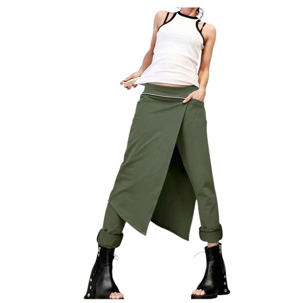 Military Green Asymmetric Pants, French Terry Trousers, Wrap Skirt Overlay