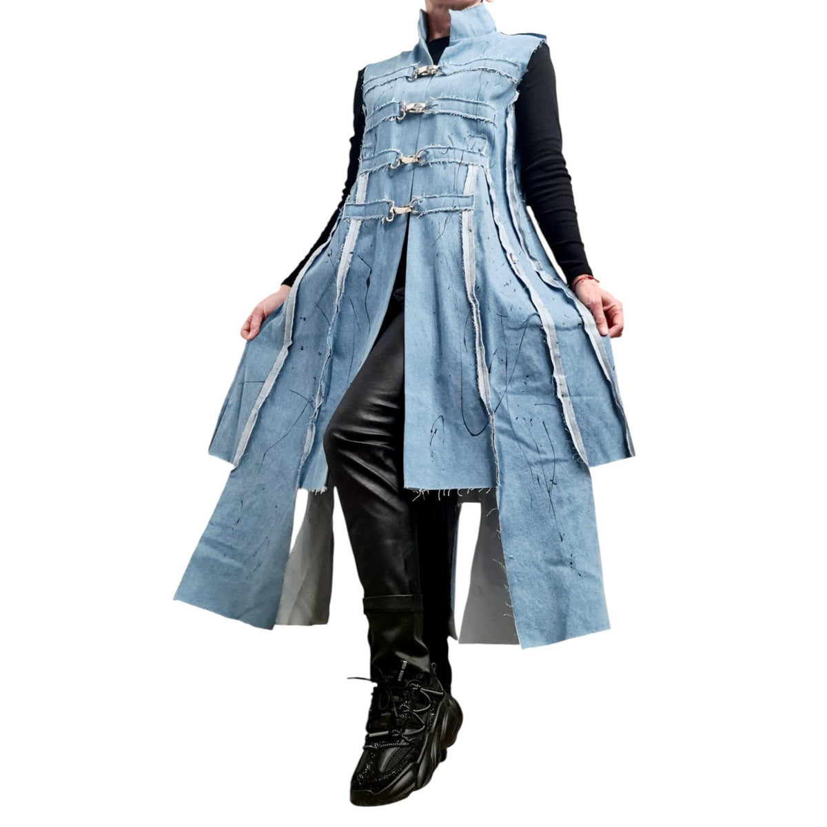 Asymmetric Denim Long Vest Hand Painted Deconstructed Jean Jacket Streetwear Handmade Clothing for Women