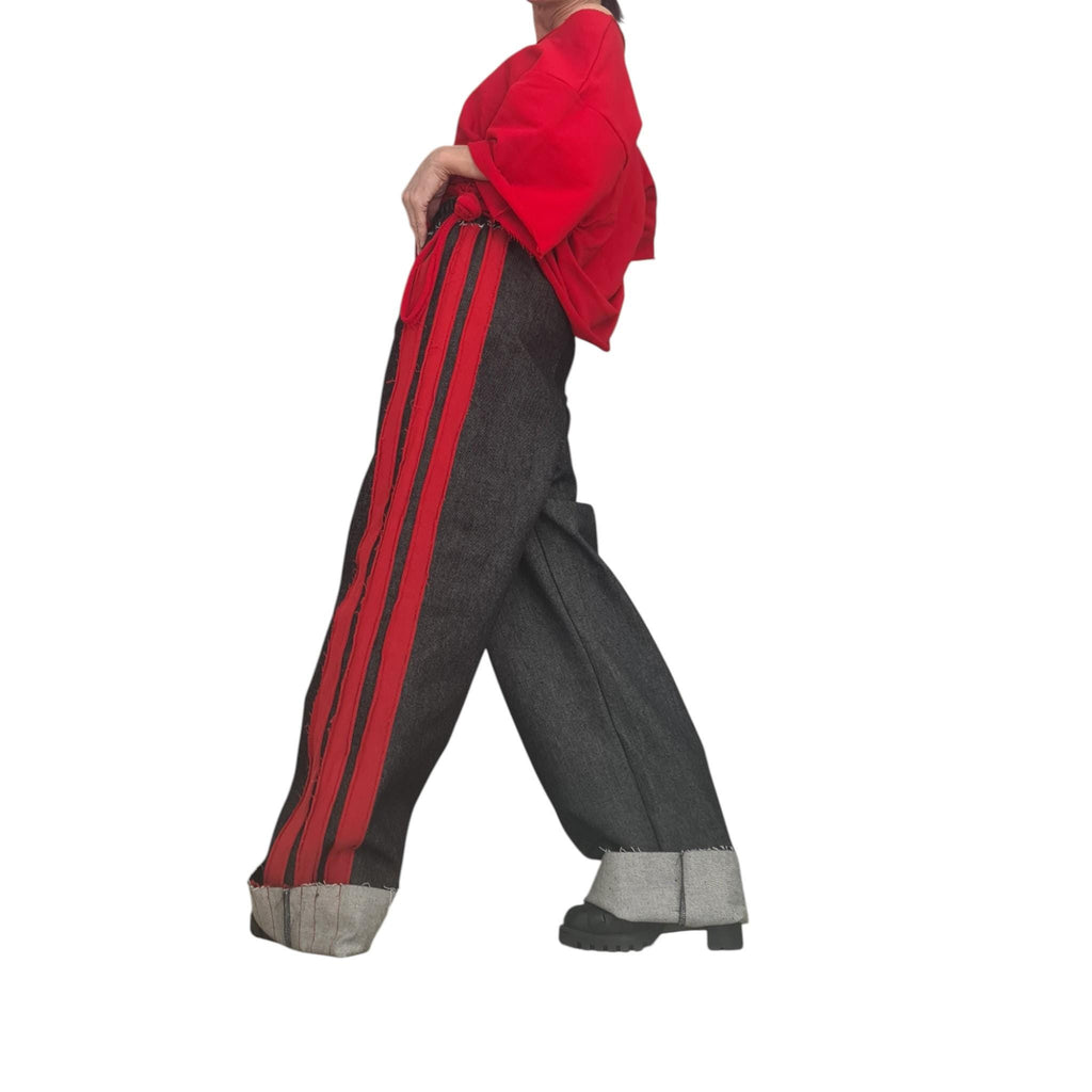Red Ruched Cotton Blouse, Dark Denim Wide Leg Pants, Side Stripes, Cuffed Co-Ord Set
