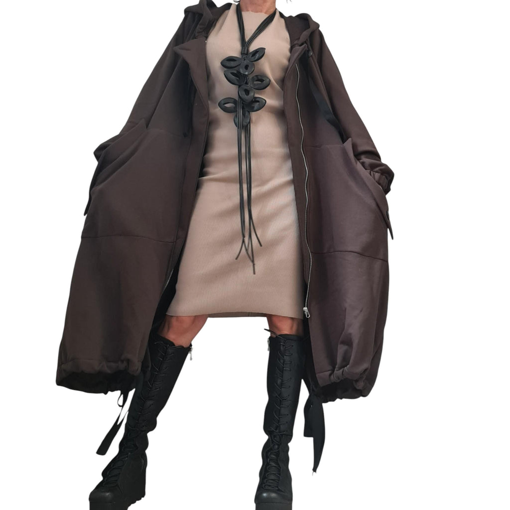Brown Oversized Hooded Sweatshirt, French Terry Jacket with Overlapping Open Back