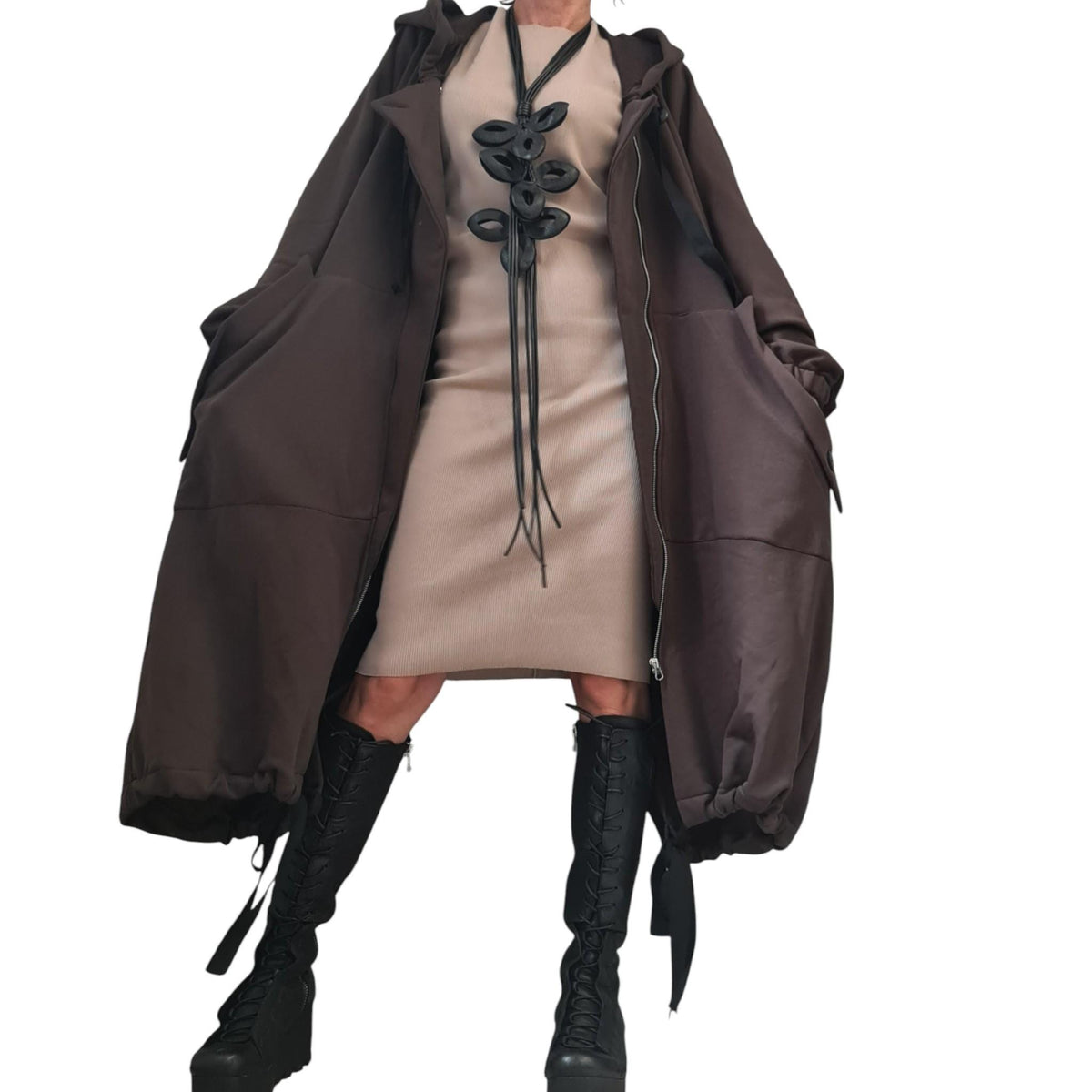 Brown Oversized Hooded Sweatshirt, French Terry Jacket with Overlapping Open Back
