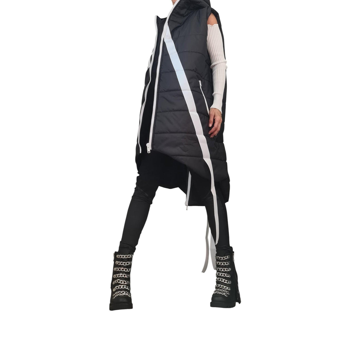 Beige Oversized Hooded Puffer Vest, Asymmetrical Quilted Sleeveless Winter Coat, Black Trim