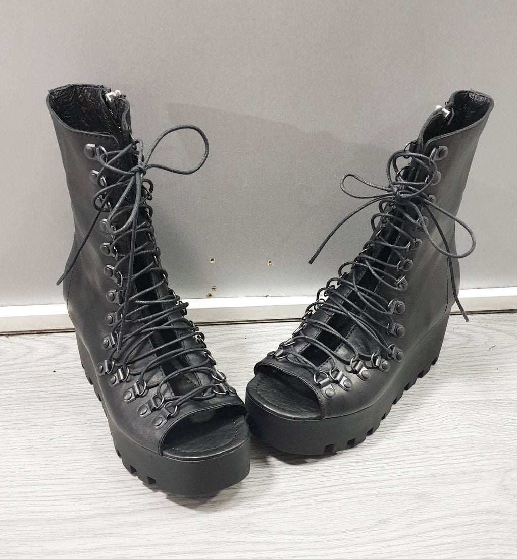 Black Platform Sandals, High Open Toe Shoes, Gothic Summer Combat Boots