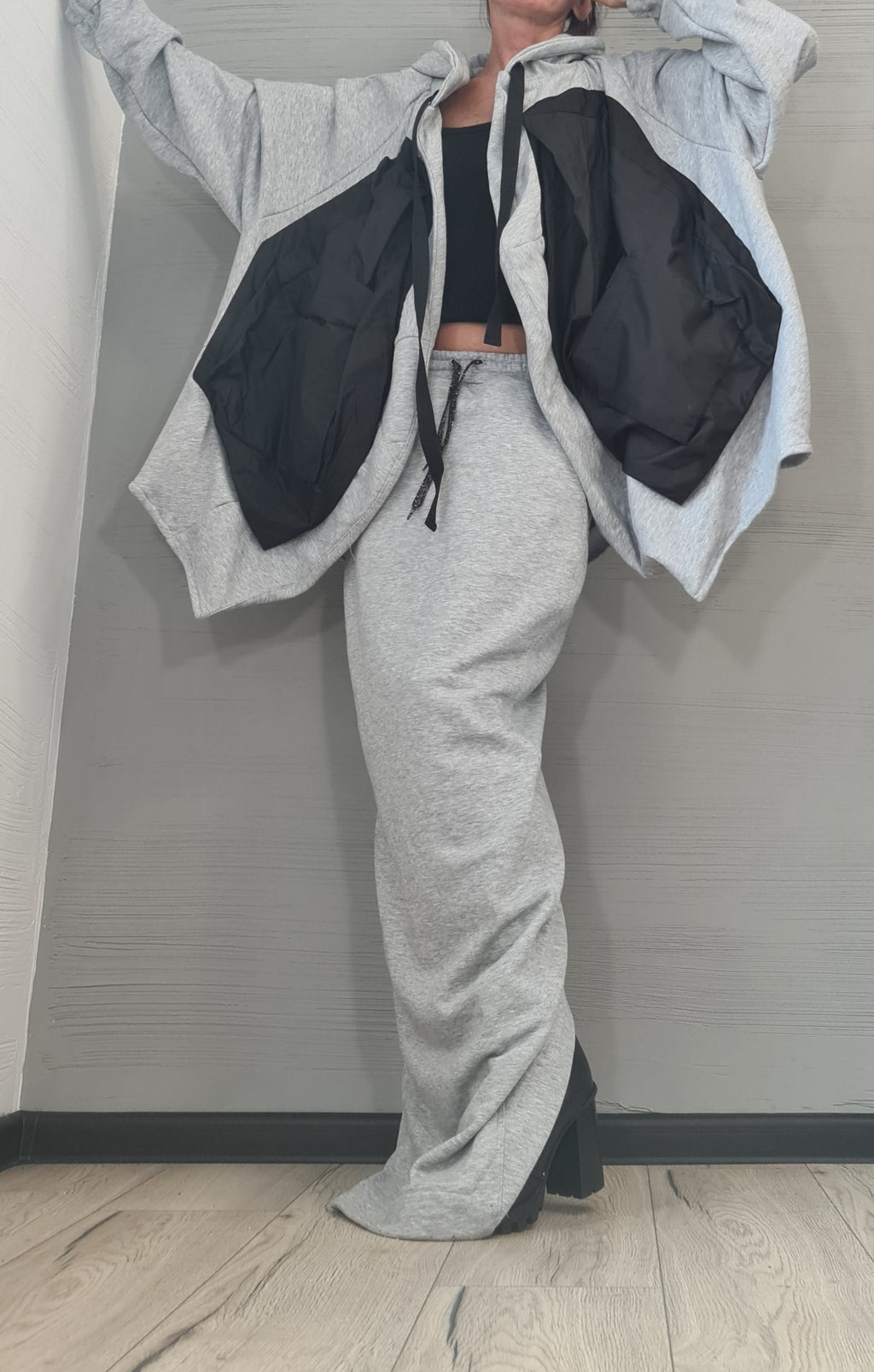 Grey Cotton Maxi Pencil Skirt, Oversized Hooded Sweater, Co-Ord Set
