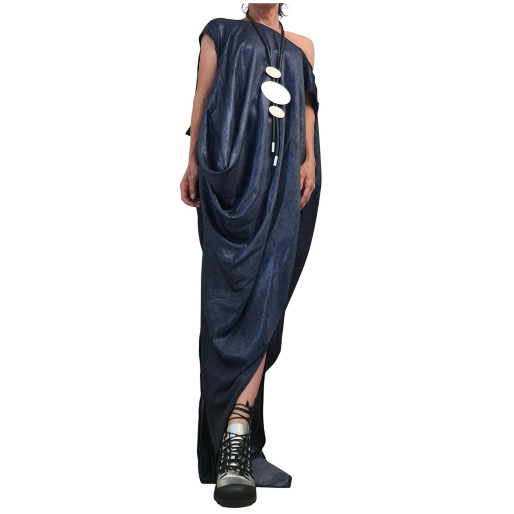 Shiny Denim Avant Garde Long Dress, One Shoulder Drape Style