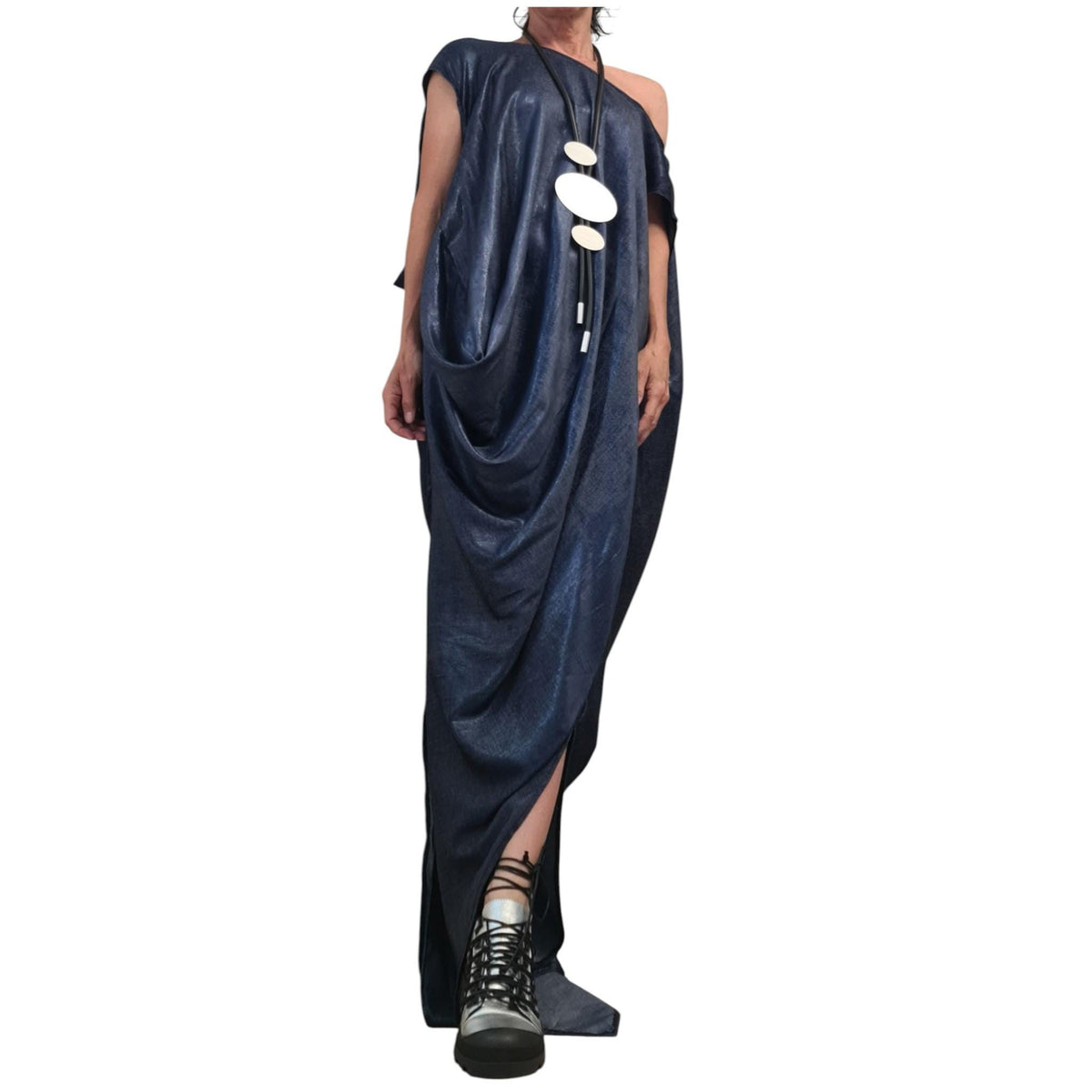 Shiny Denim Avant Garde Long Dress, One Shoulder Drape Style
