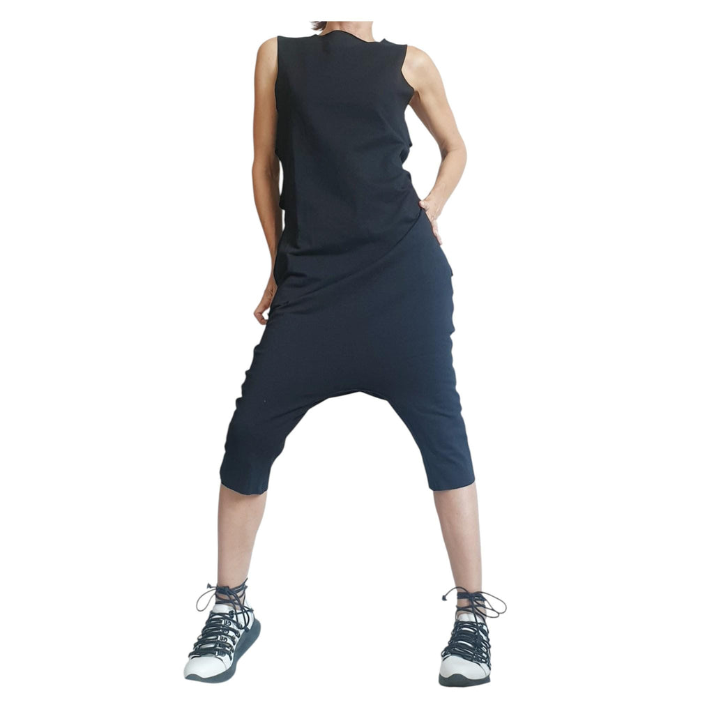 Black Harem Jumpsuit Loose Drop Crotch Women Outfit Asymmetric Oversize Gothic Grunge Clothing