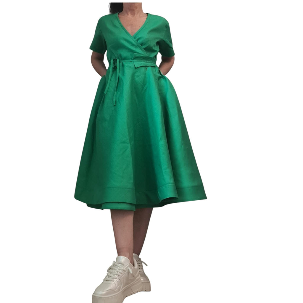 Green Linen Wrap Dress for Women, Knee Length, Short Sleeve Plus Size Summer Clothing