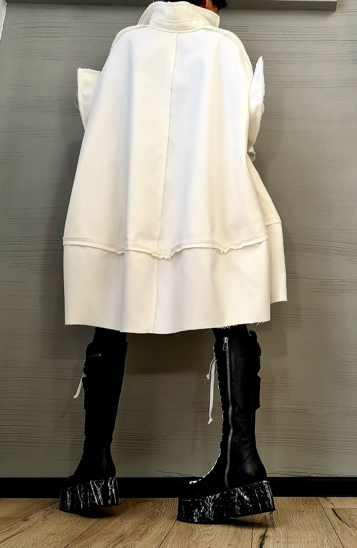 Ivory Oversized Wool Coat, Plus Size Loose Jacket, High Collar Winter Outerwear