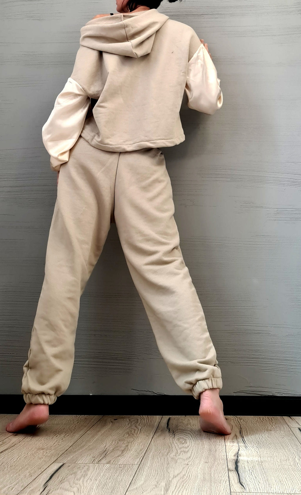 Beige Cotton Jogger Pants, Satin Patch Pockets, Oversized Off Shoulder Hoodie, Two-Piece Co-Ord Set