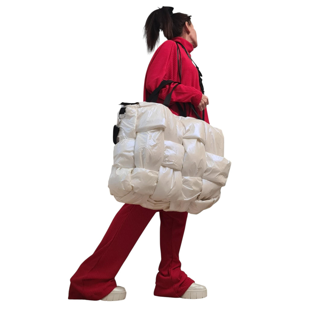 White Pearl Puffer Tote Bag | Woven Oversize Design | women’s clothing | statement