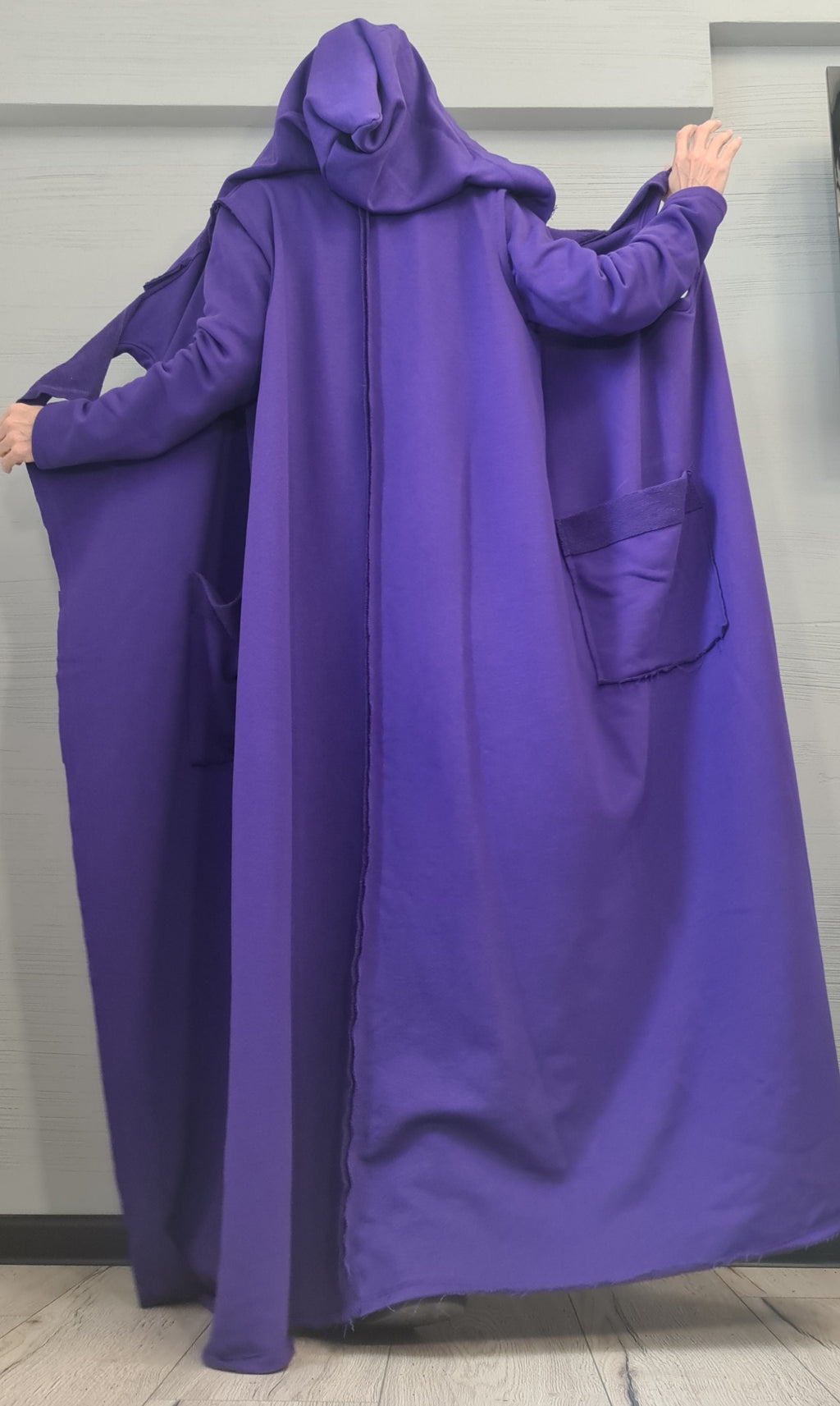 Purple Long Hooded Cardigan, Asymmetric Oversized Cotton Coat, Plus Size, Large Round Pockets