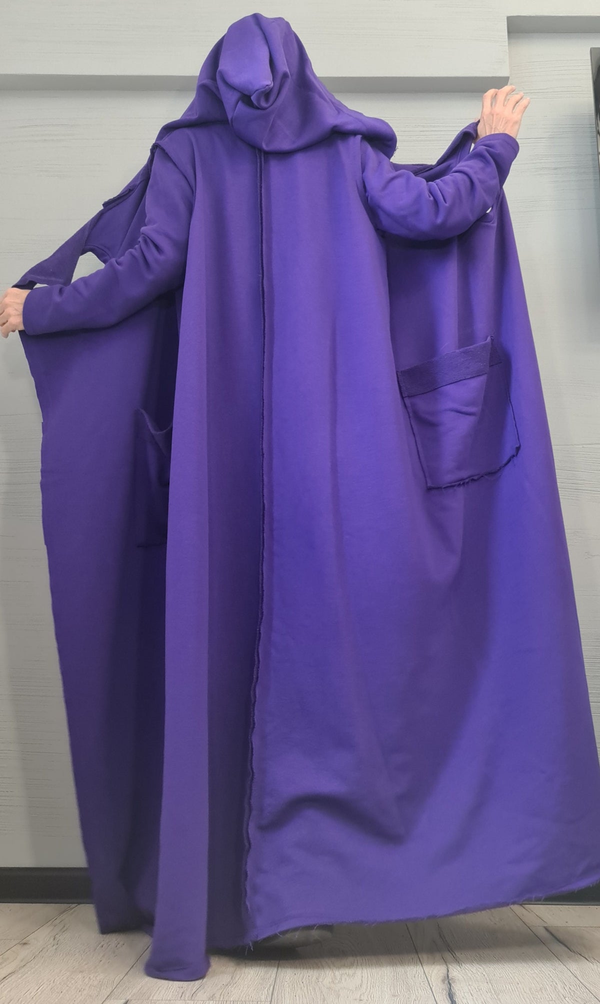 Purple Long Hooded Cardigan, Asymmetric Oversized Cotton Coat, Plus Size, Large Round Pockets