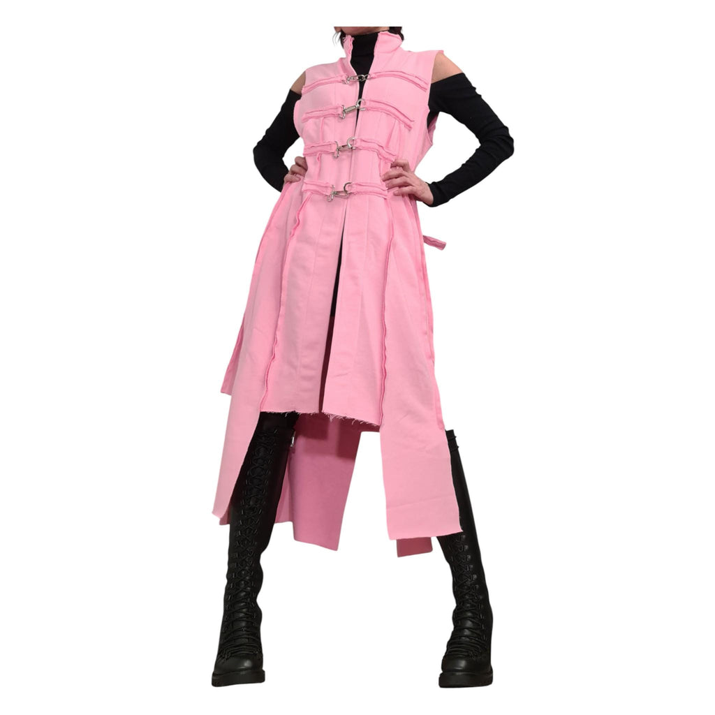 Baby Pink Asymmetrical Maxi Vest, Sleeveless Cotton Coat, Metal Buckle Closures, Plus Size