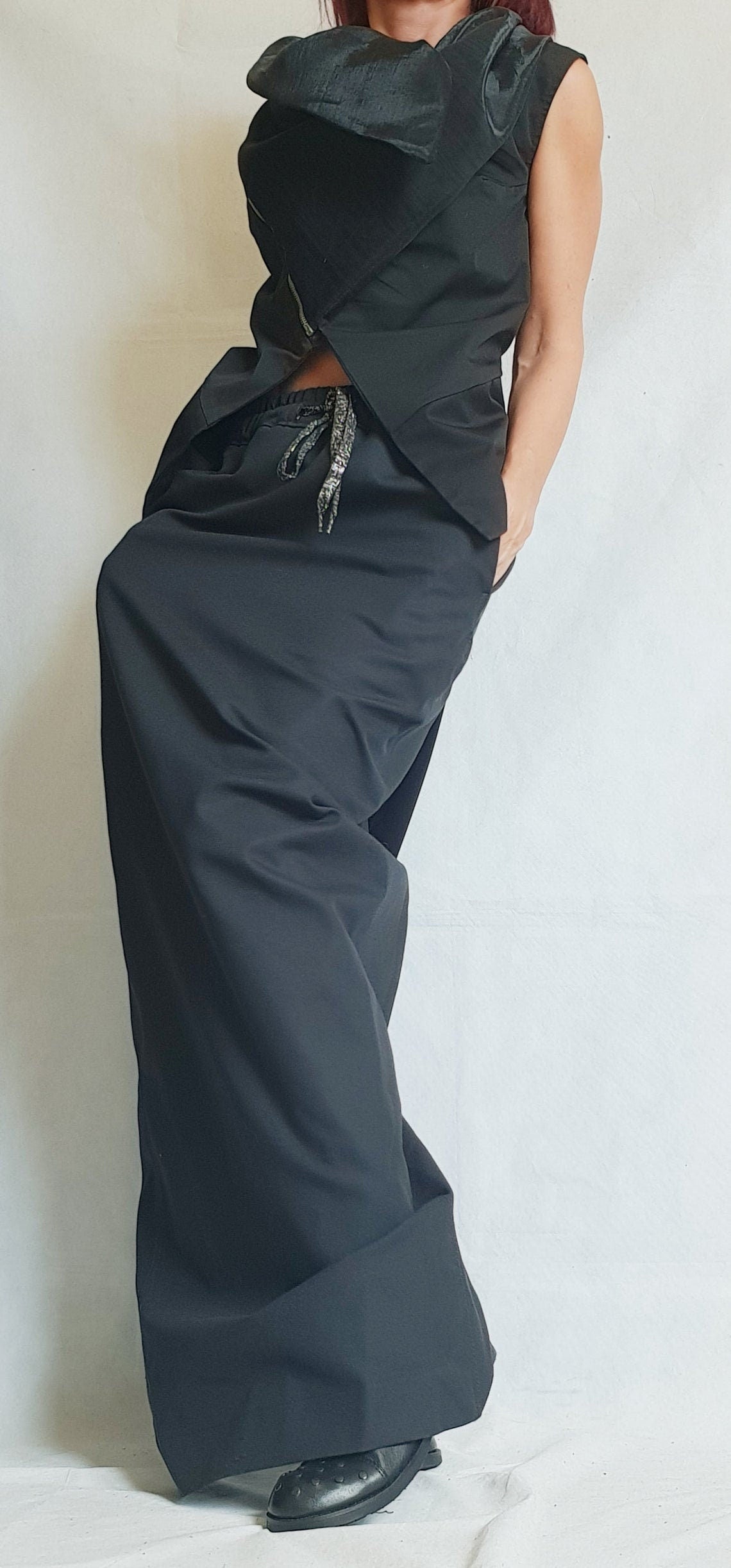 Black Asymmetrical Vest, Sleeveless Fitted Top with Chiffon Collar Detail, Diagonal Zip