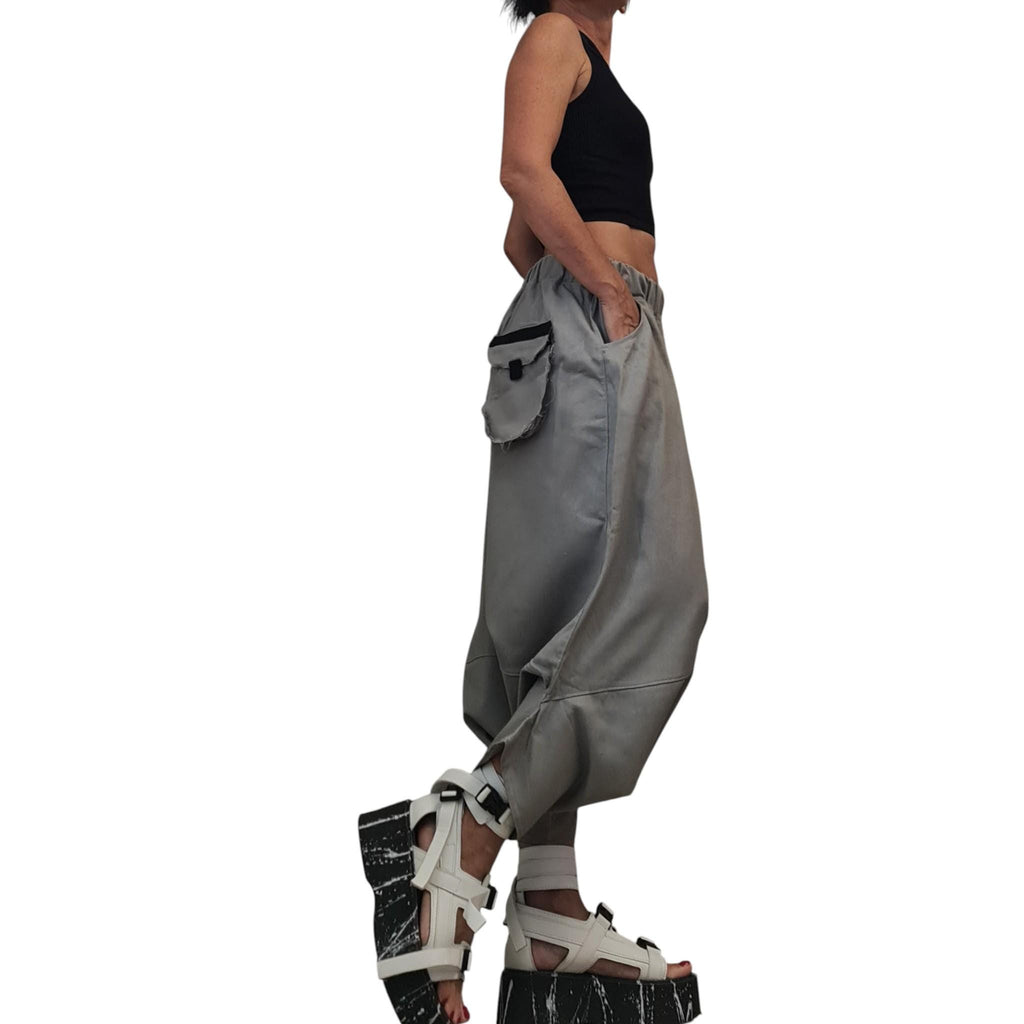 Gray Linen Harem Pants, Mid-Calf Drop Crotch Trousers, Cargo Pockets, Elastic Waist, Plus Size