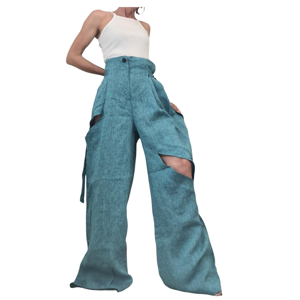 Turquoise Linen Harem Pants, Adjustable Waist, Wide Leg Trousers