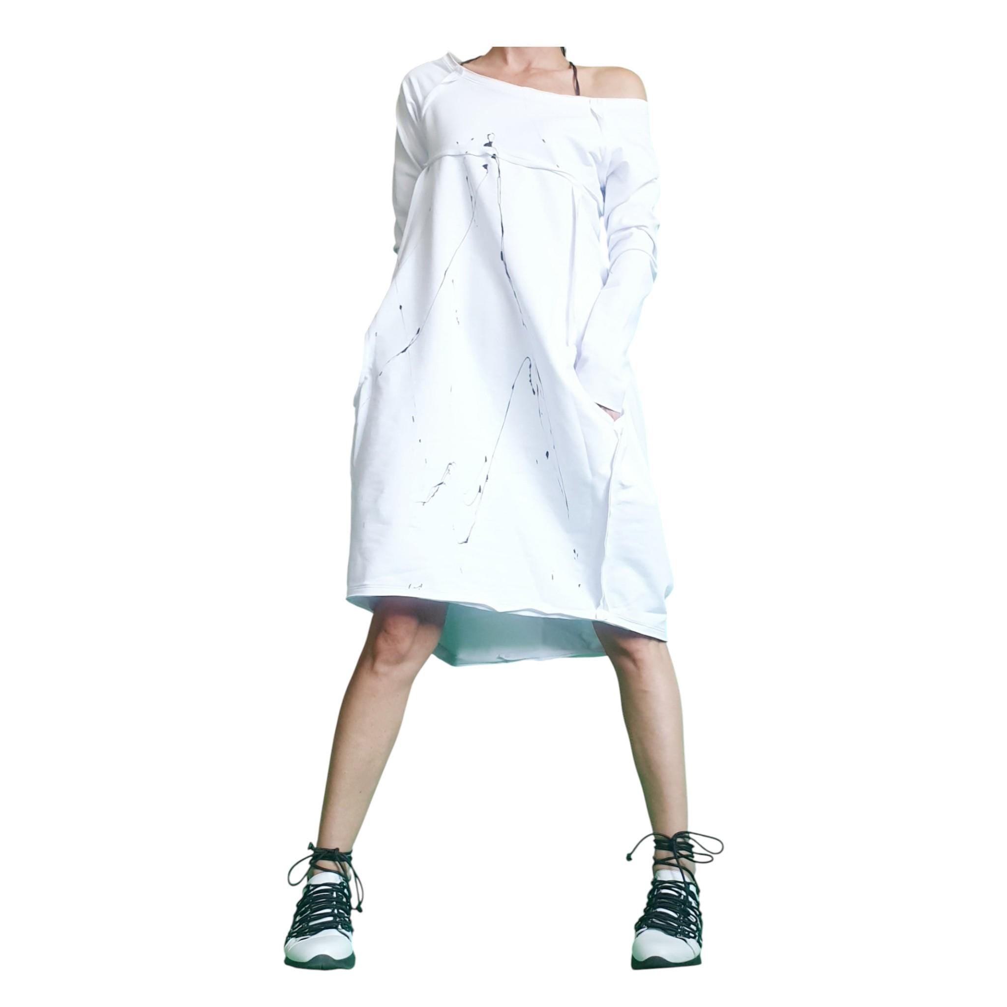 White French Terry One Shoulder Tunic, Oversized Sweatshirt Dress, Asymmetric High Low Cut