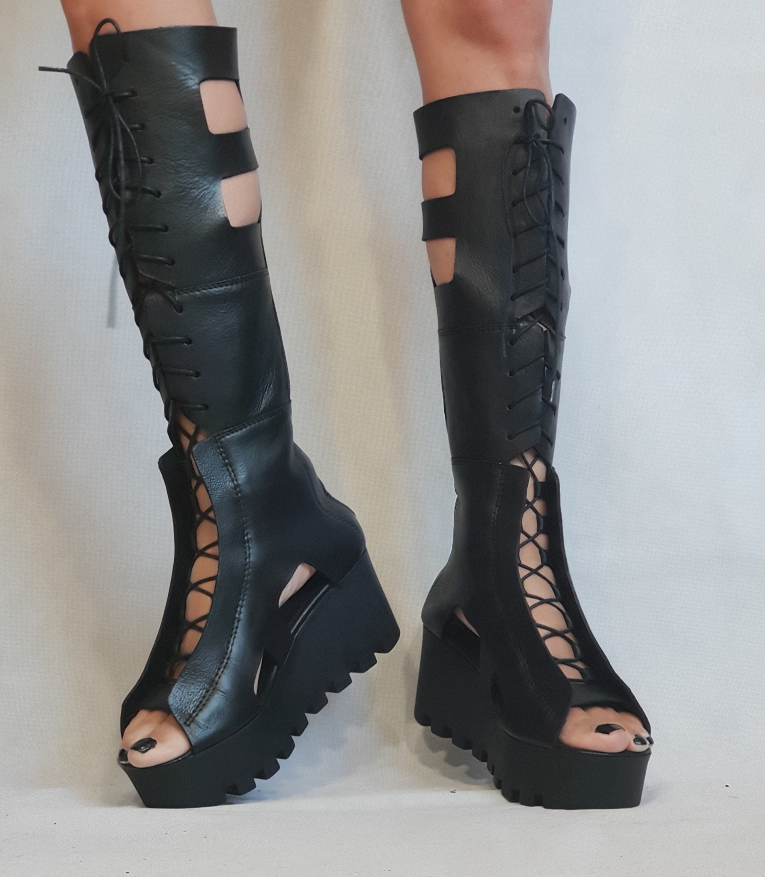 Silver Leather Gladiator Sandals, High Platform Sandals, Women Platform Boots, Gothic Shoes, Leather Wedges