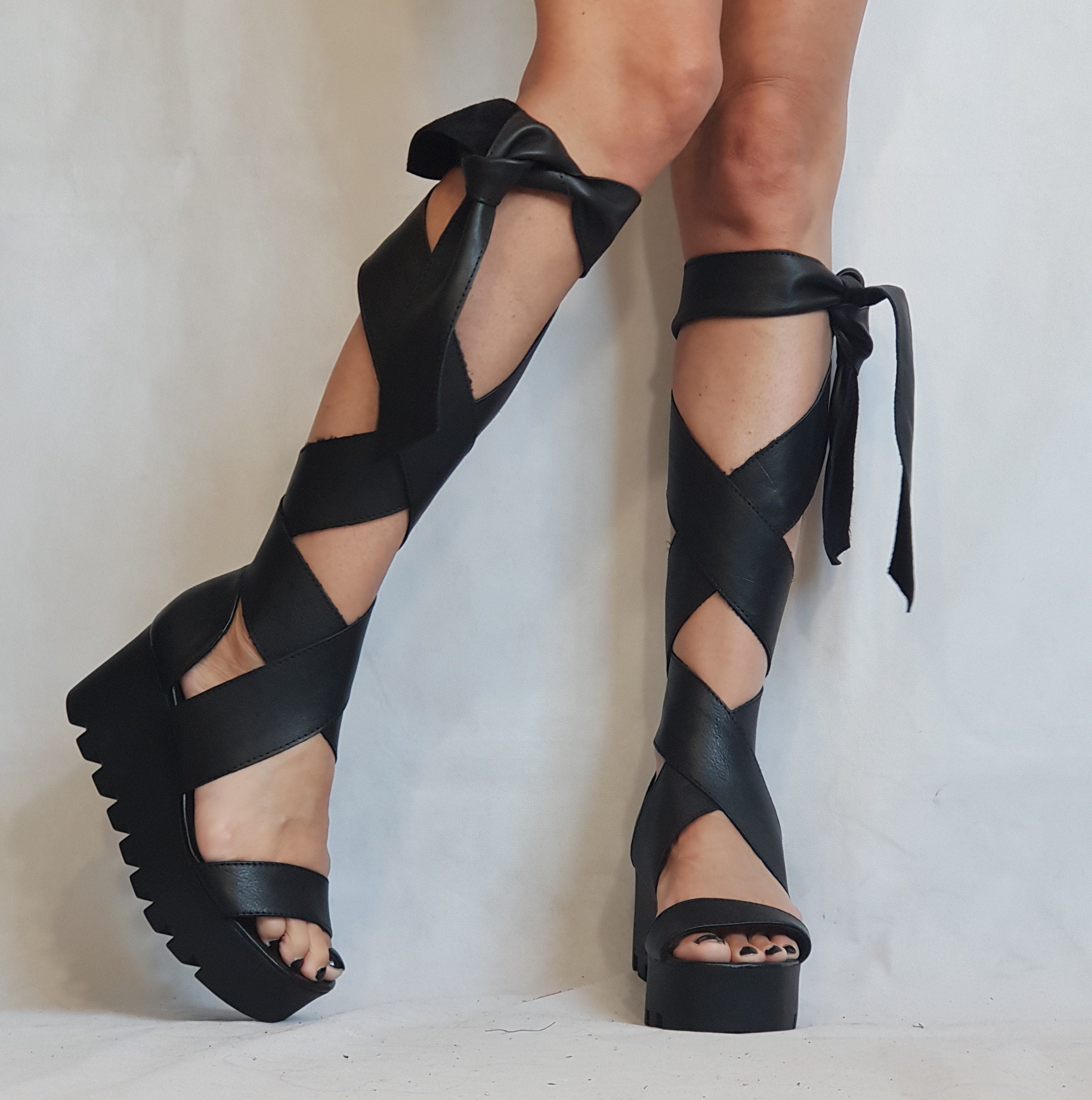 Silver Sandals, Knee High Sandals, Leather Sandals, Gladiator Sandals, Platform Shoes, Steampunk Shoes, Strappy Sandals, Gothic Sandals