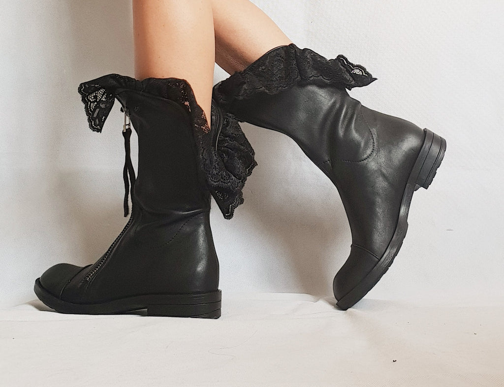 Black Leather Shoes, Leather Booties, All seasons, Gothic Shoes, No Tie Shoes, Steampunk Shoes, Comfortable Shoes, Grunge Booties, Lace