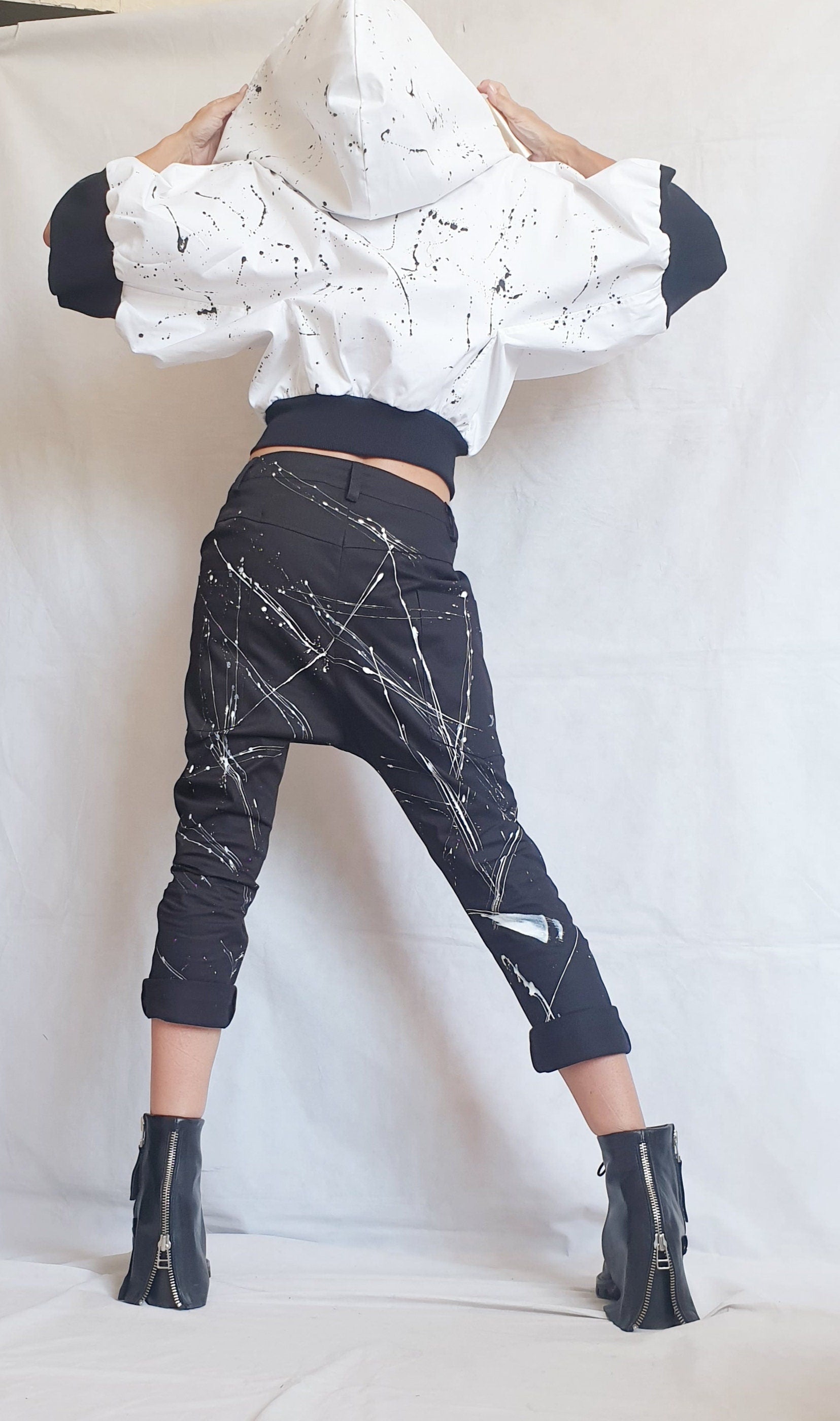 Bomber Jacket, Short Jacket, White Black Jacket, Hooded Winter Jacket, Plus Size Clothing, Urban Clothing, Loose Jacket, Zipper Jacket