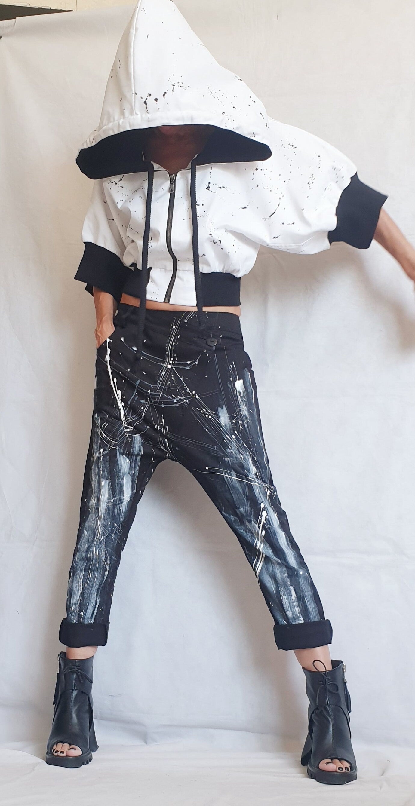 Bomber Jacket, Short Jacket, White Black Jacket, Hooded Winter Jacket, Plus Size Clothing, Urban Clothing, Loose Jacket, Zipper Jacket