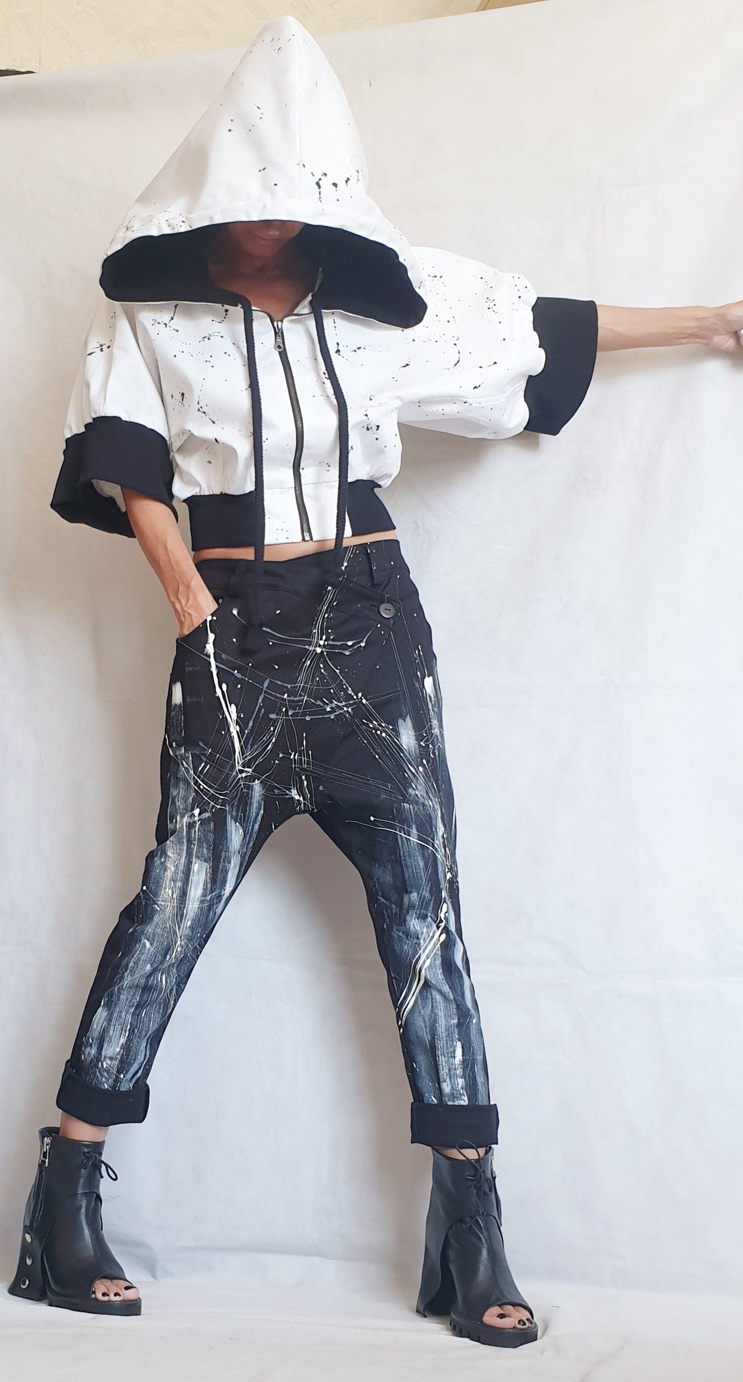 Bomber Jacket, Short Jacket, White Black Jacket, Hooded Winter Jacket, Plus Size Clothing, Urban Clothing, Loose Jacket, Zipper Jacket