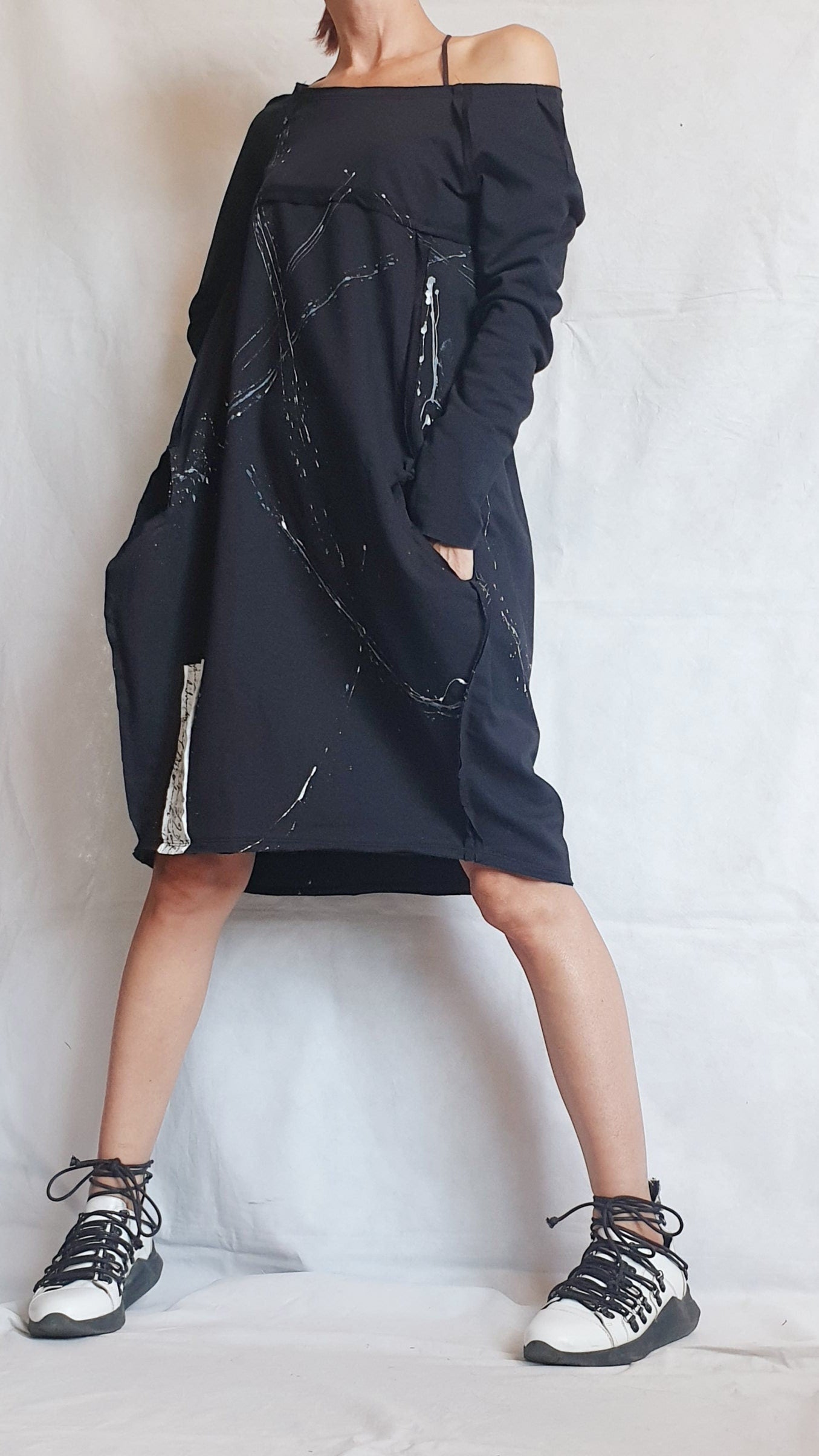 Black Dress, One Shoulder Dress, Tunic Dress, Plus Size Clothing, Blouson Dress, Asymmetric Dress, Long Sleeve Dress, Knee Length Dress