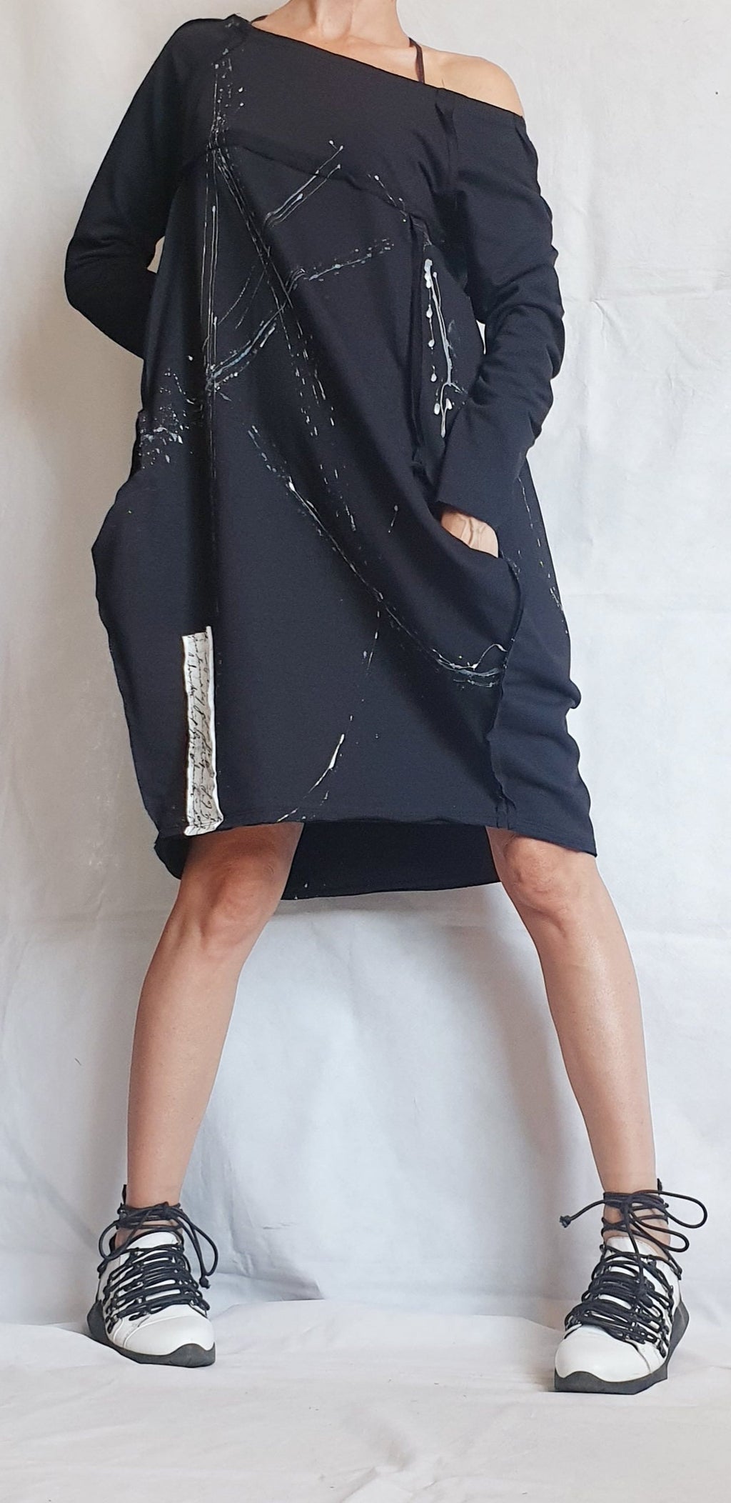 Black Dress, One Shoulder Dress, Tunic Dress, Plus Size Clothing, Blouson Dress, Asymmetric Dress, Long Sleeve Dress, Knee Length Dress